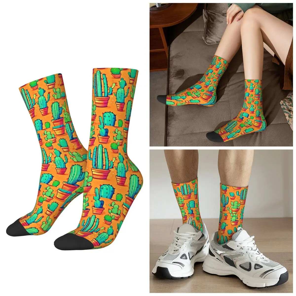 

All Seasons Colorful Cartoon Cactus Pots Print Socks Harajuku Crew Socks Super Soft Stockings for Men Women Valentine's Day Gift