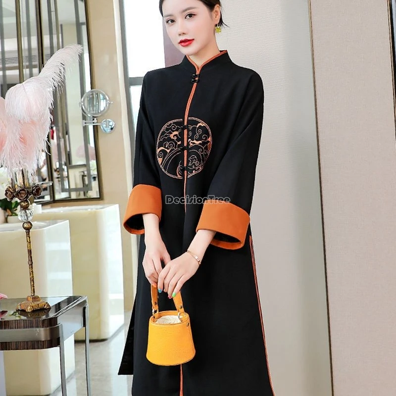 Chinese national style Tang suit button stand collar Wide-leg pants two-piece set long coat casual set female Tang trench coat