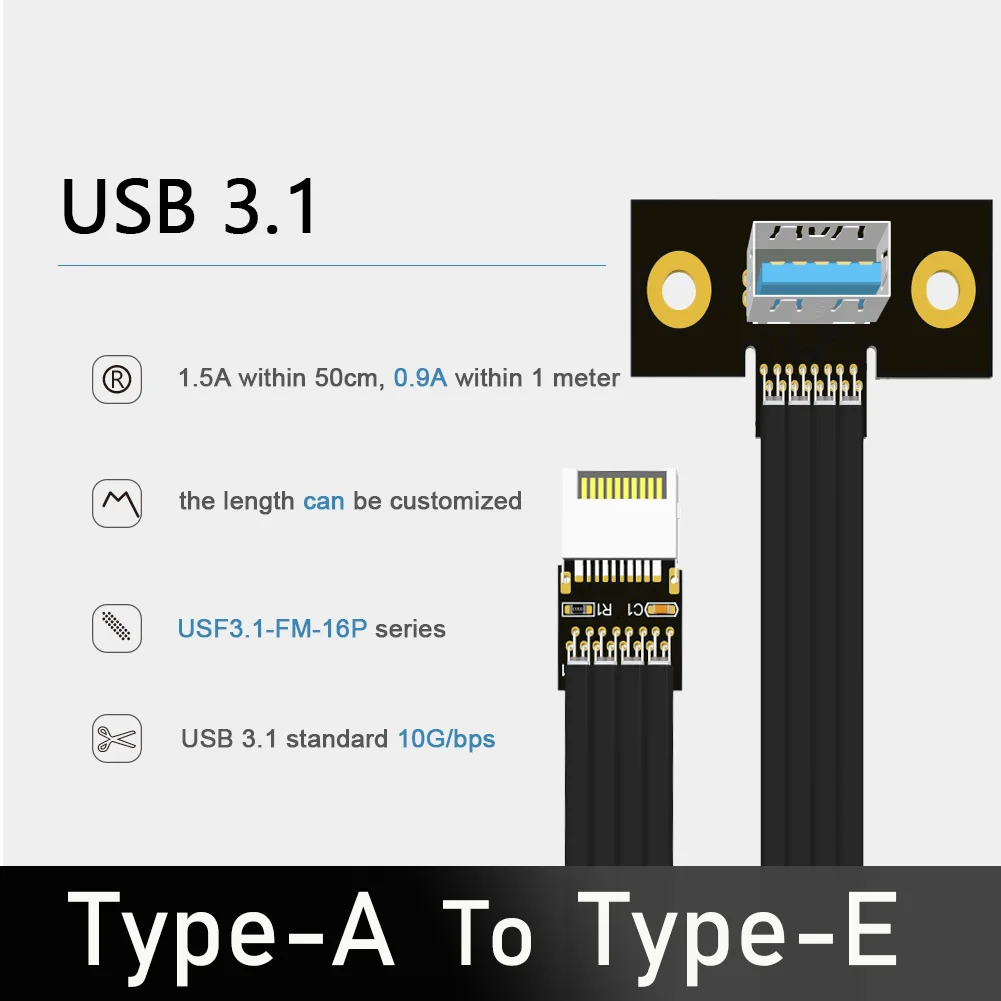 

16P Up Down Angle USB 3.1 Type-A Female Socket To Motherboard USB3.1 Internal 20Pin Type-E Male Flat Extension Cable 10Gbps