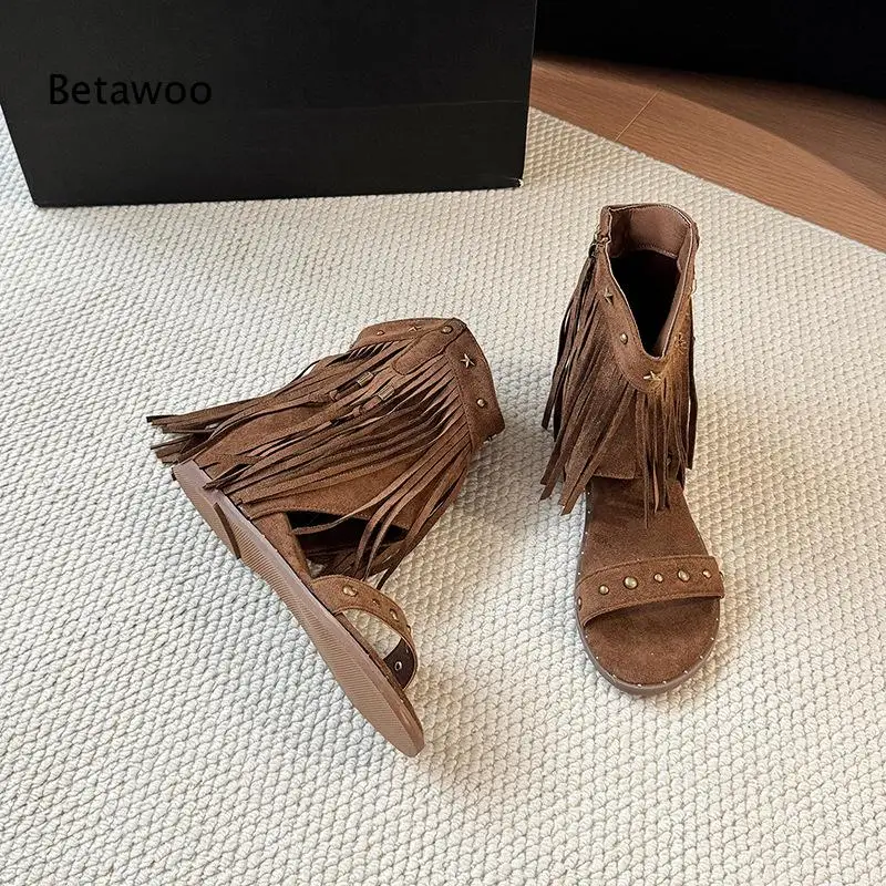 Women Western Fringe Mid-Calf Gladiator Sandals Rivet Star Decor Back Zipper Open Toe Flat Bohemian Summer Boots