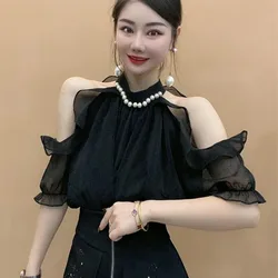 Summer T-shirt Off Shoulder Sweet Korean Fashion Chiffon Blouse Round Neck Pearl Beaded Solid Flare Sleeve Loose Pullover