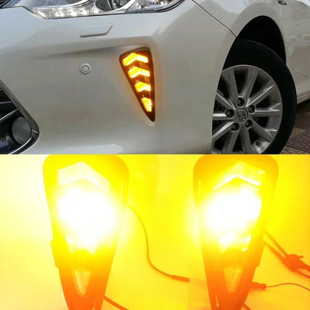 New！ 2PCS Car DRL For Toyota Camry 2015 2016 LED Daytime Running Light Fog Lamp with Dynamic yellow turn signal