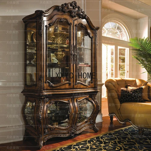 Retro Double Door Wine Cooler Solid Wood Villa Living Room Collection Wine Cabinet Showcase Wall European Style Wine Cabinet