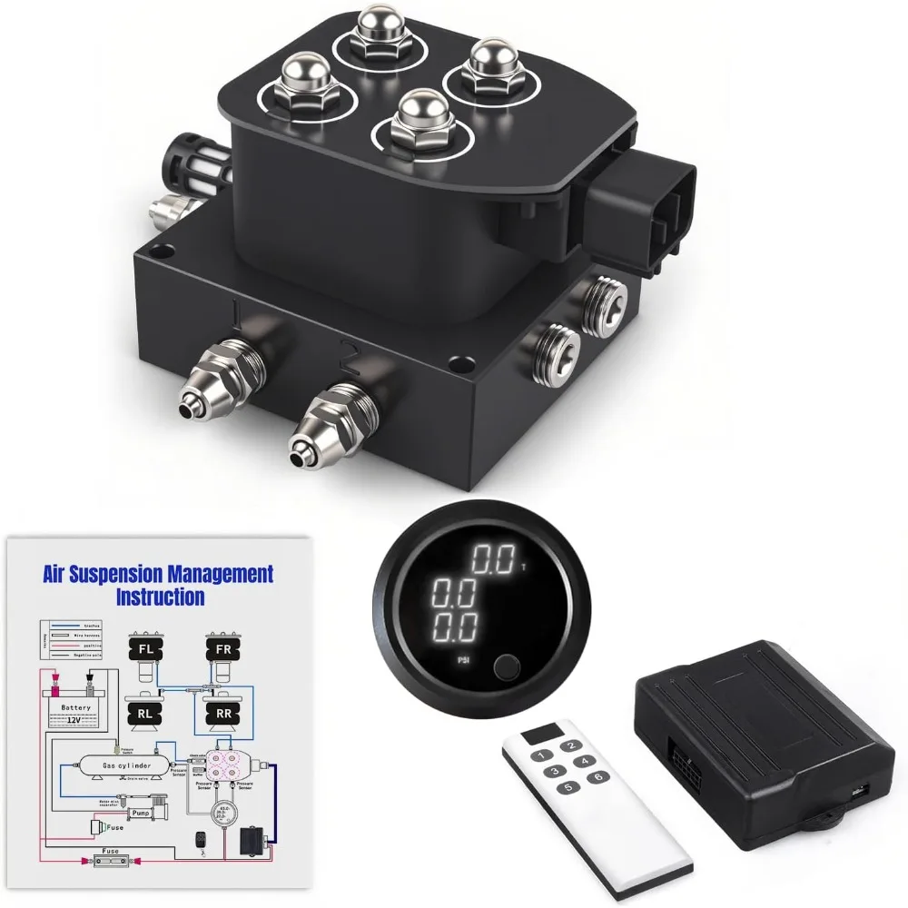 

US Shipping 12V Air Ride Suspension 4 Valve Manifold Kit with Remote Controller & 3 Way White Air Pressure Gauge 0-200