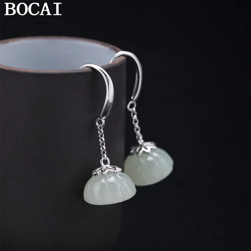 

BOCAI NEW S925 Silver Fashionable And Simple Hotan Jade Magnolia Lotus Earrings