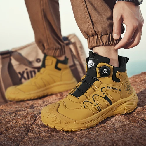 Imagen 2 del producto Botas de motociclista amarillas de calle para hombre, botas de moto con perilla de diseño a la moda, botines de cuero informales de estilo británico para exteriores para hombre