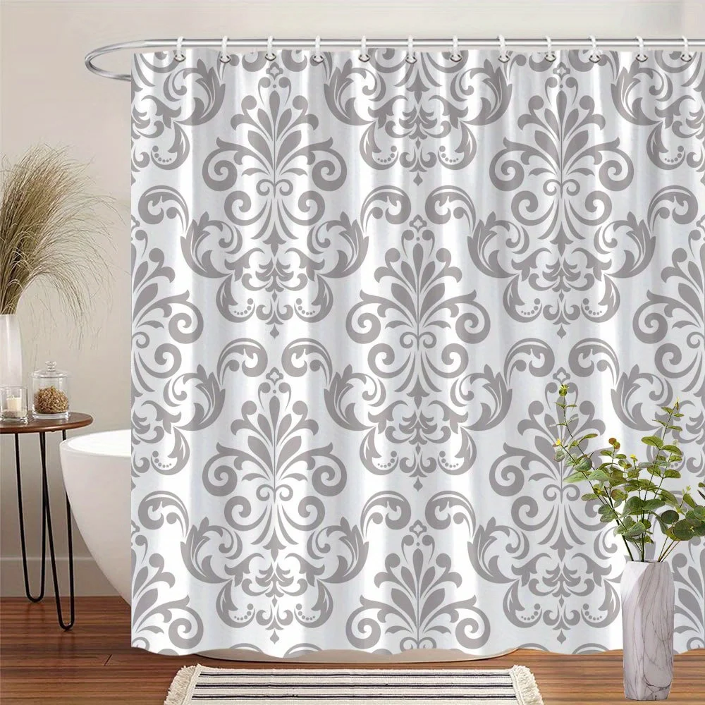 

Vintage Damask Shower Curtain Gray Floral Polyester Bathroom Curtain with Hooks Machine Washable 70.8x70.8inch