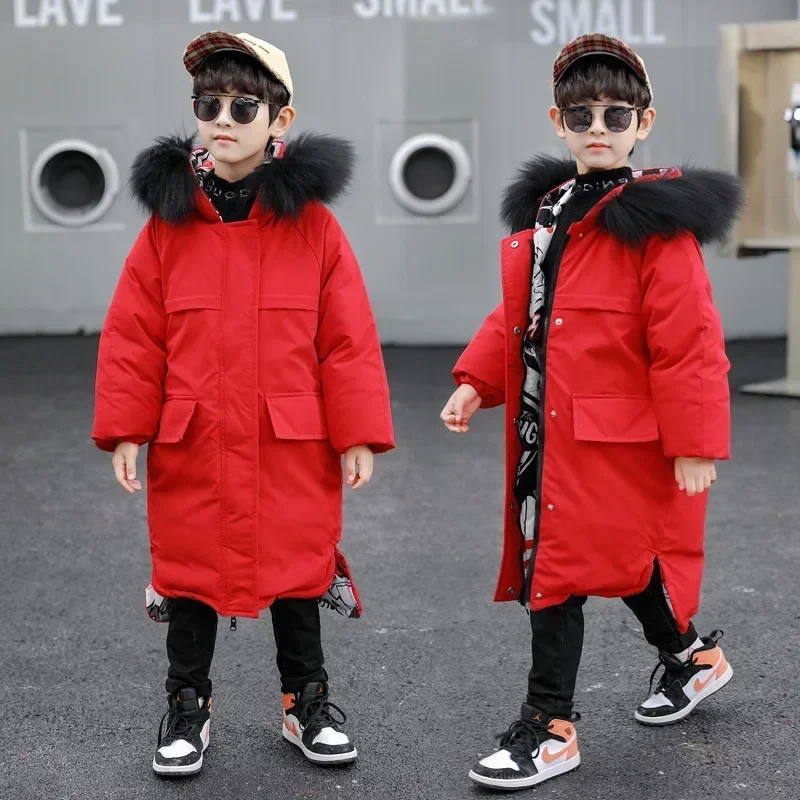 2023 Boys Jackets Winter New Teenagers Kids Thicken Hooded Coats Boys Jacket 4-14 Years Children Windproof Warm Long Outerwear