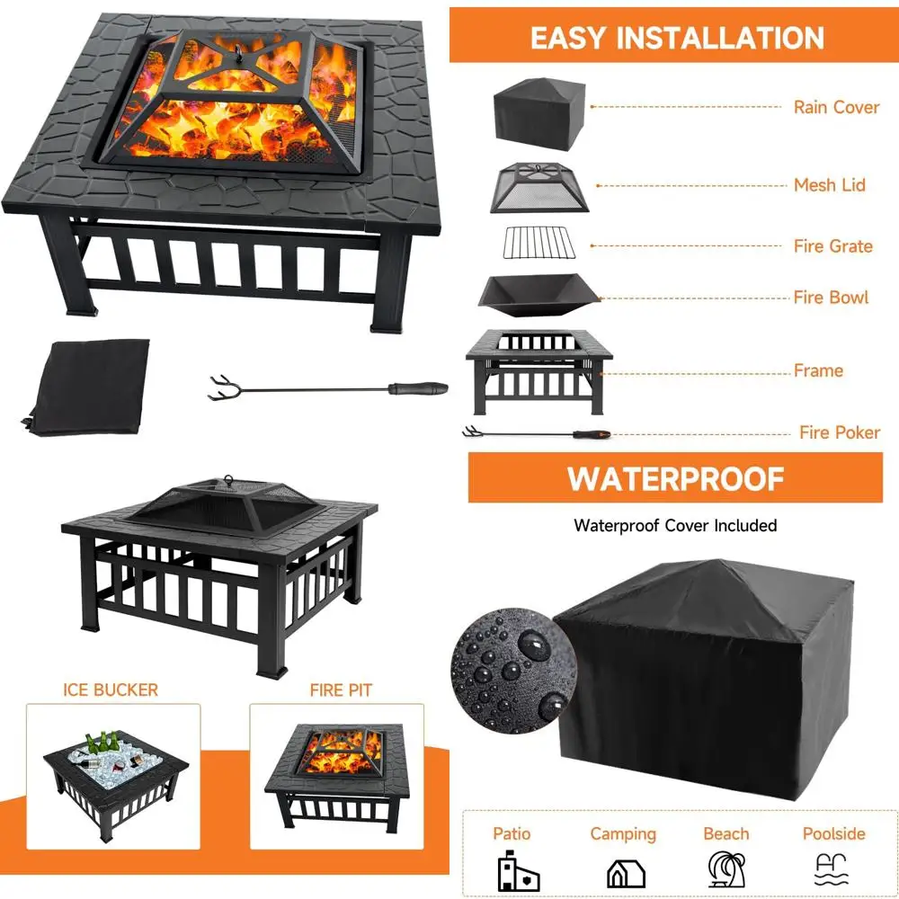 

32-inch wood-burning fire pit table with mesh cover and fireplace tools