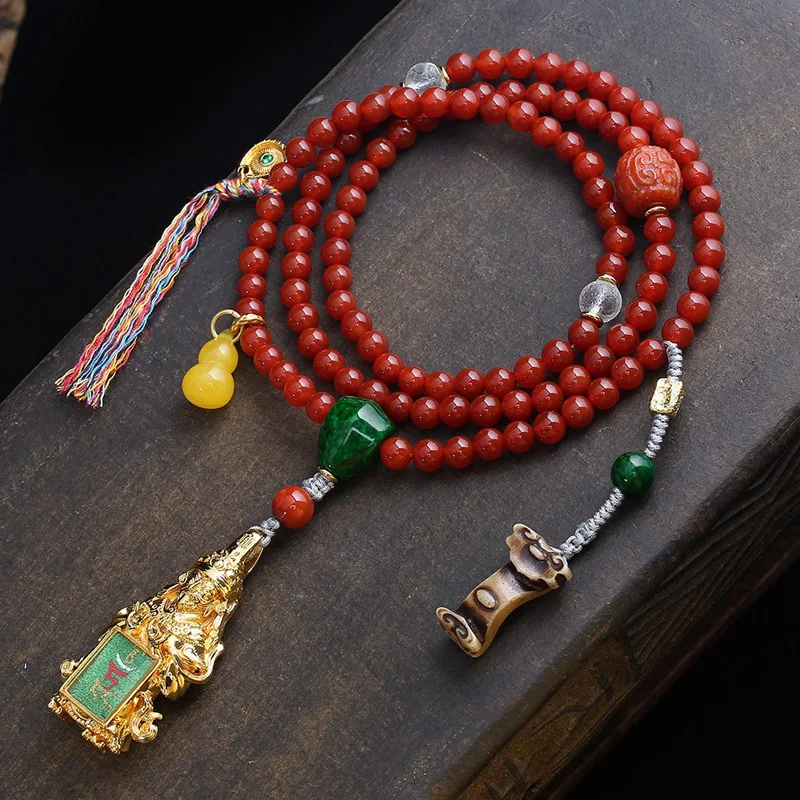 

Агатовая цепочка для молитв с 108 бусинами, расписанный вручную кулон-танка с изображением Зеленой Тары, ожерелье с красными бусинами