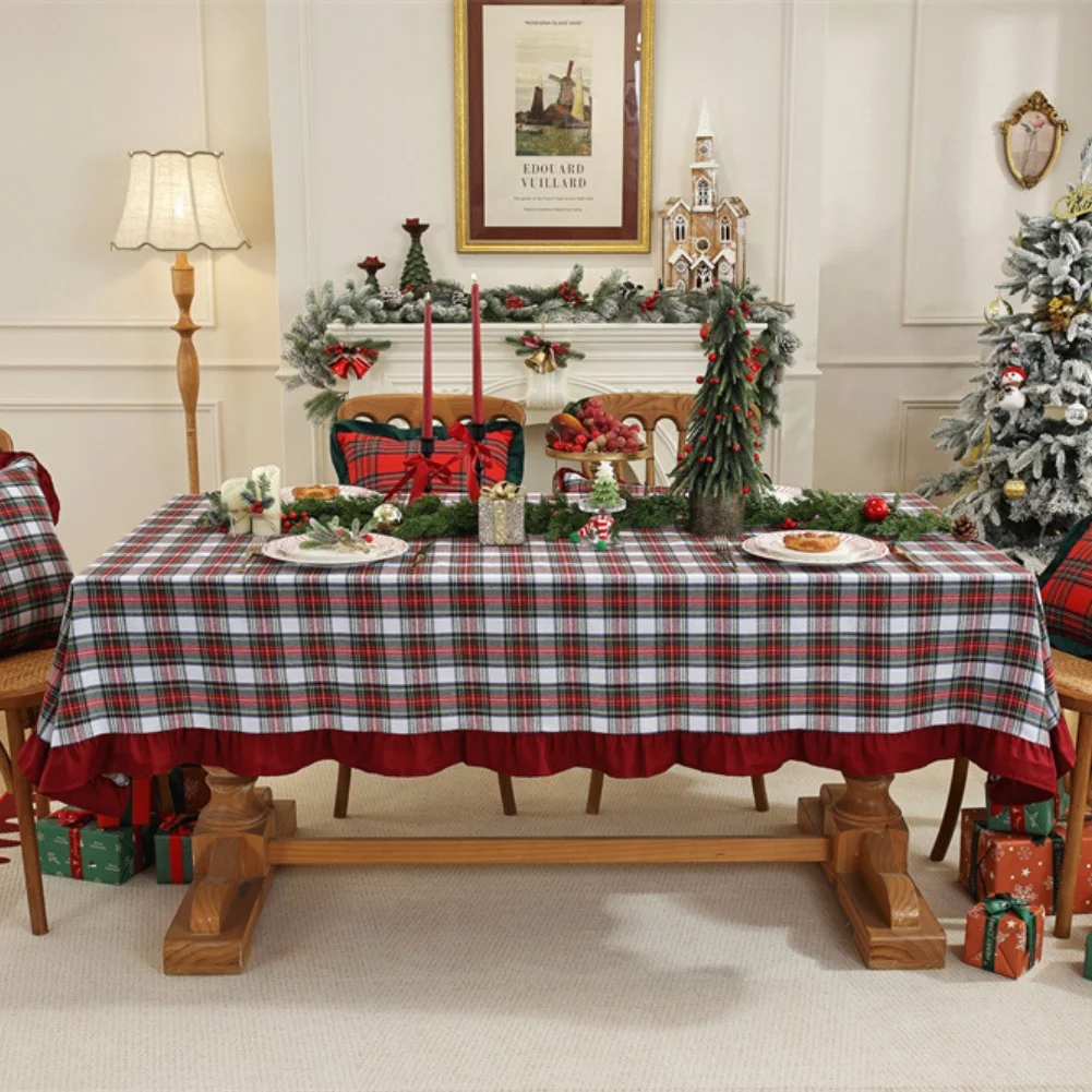 Ruffle-Edged Plaid Tablecloth for Christmas Celebrations Polyester Cotton Blend Fabric Designed for Holiday Table Use