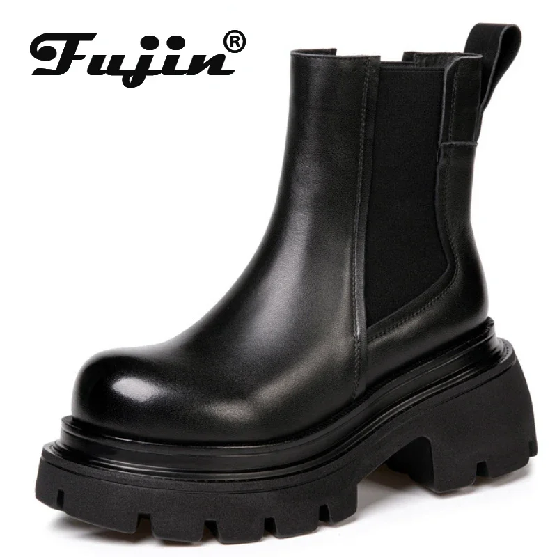 

Fujin 8cm New ROME Genuine Leather Ankle Motorcycle Chelsea Booties Women Autumn Ladies Elastic Spring Arch Support Stable Shoes