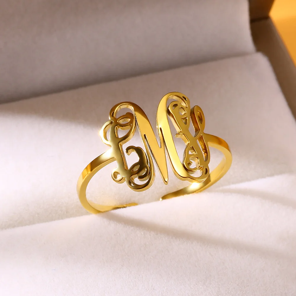 Custom Monogram Name Ring for Women Men Gold Color Stainless Steel Open Ring Personalized Jewelry Gift