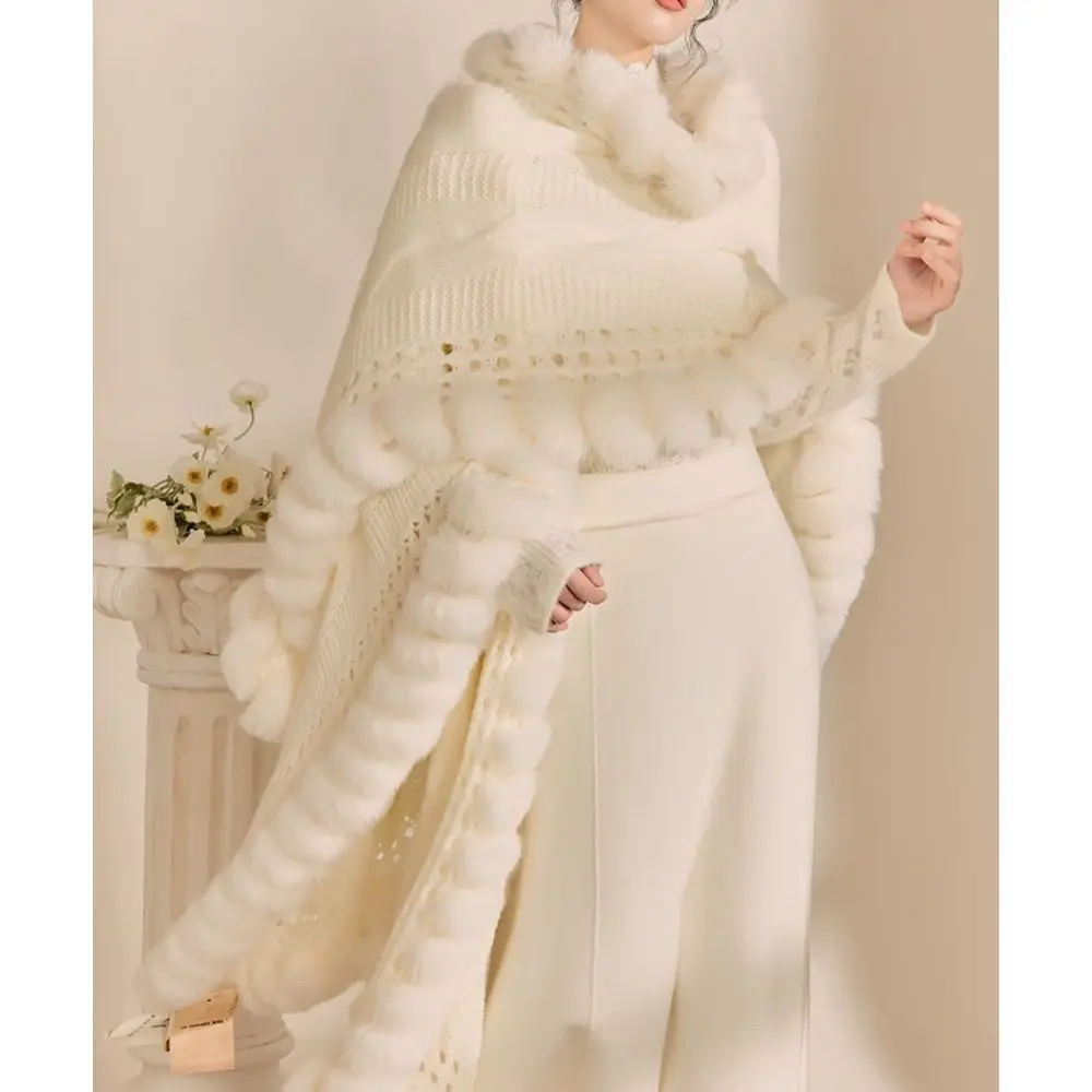 New Fashion Women\'s Clothing Hairy Balls Knitted Coats Autumn Hollow Out Solid Color Patchwork Aesthetic Elegant Tassel Wraps