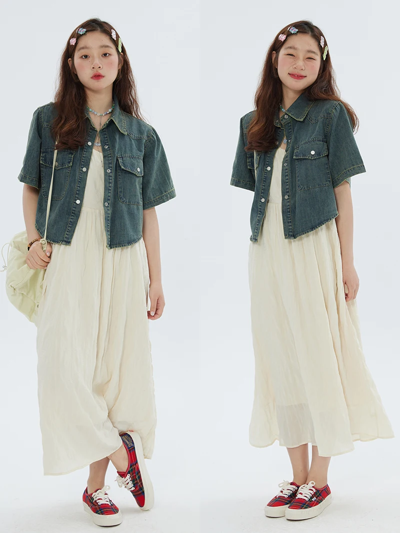 

VOUSALME Women's ort Denim irt Summer Casual Thin Loose Outerwear Versatile Color Commute Sle Polyester Fiber