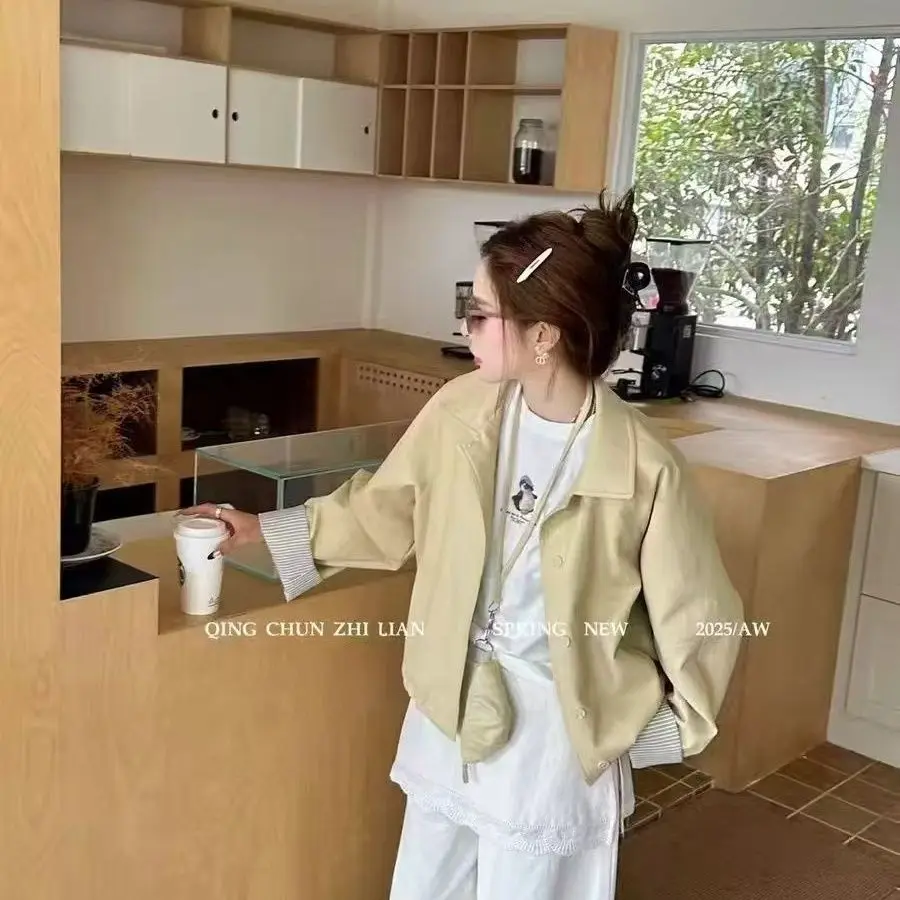 Windbreaker Jackets for Woman Autumn Women'S Clothes Y2K Turn-Down Collar Button Front Pocket Pure Style Simple Long Sleeve Ins