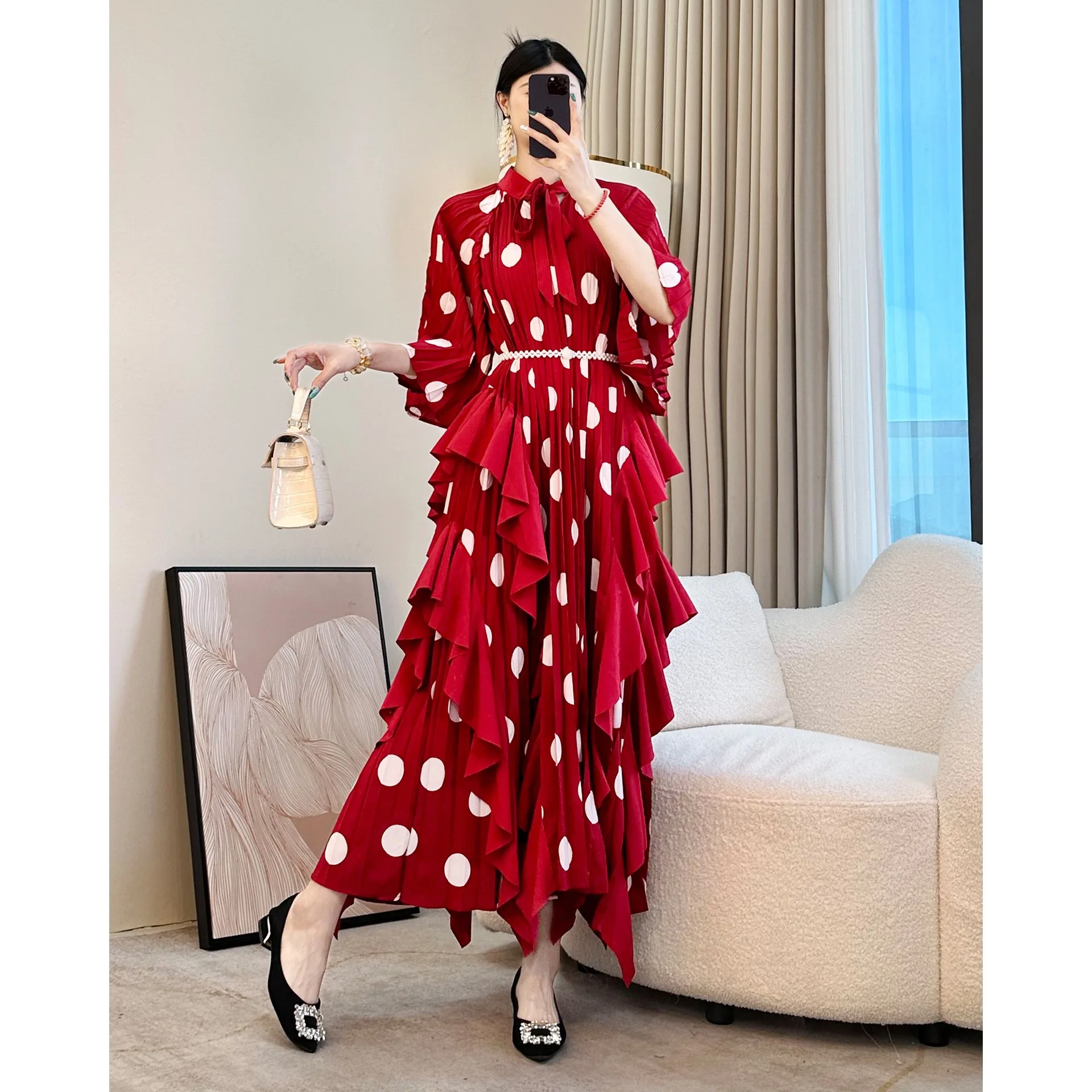 

Summer Beach Vaion Dr Loose Slimming Long Gown with Pleats Polka Dot Trim Wide Svel Women's Ethnic Sle Clothing
