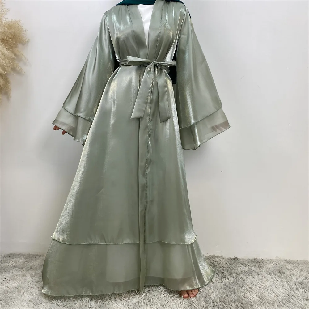 New Fashion Muslim Robe Shiny Satin Cardigan Islamic Abaya Women Middle East Robe Dress