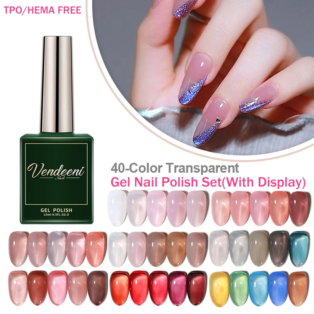

Vendeeni 40 Colors/Set Transparent Gel Nail Polish Nude Pink Skin Color UV Soak Off Gel Varnish Jelly Gel Lacquer With Display