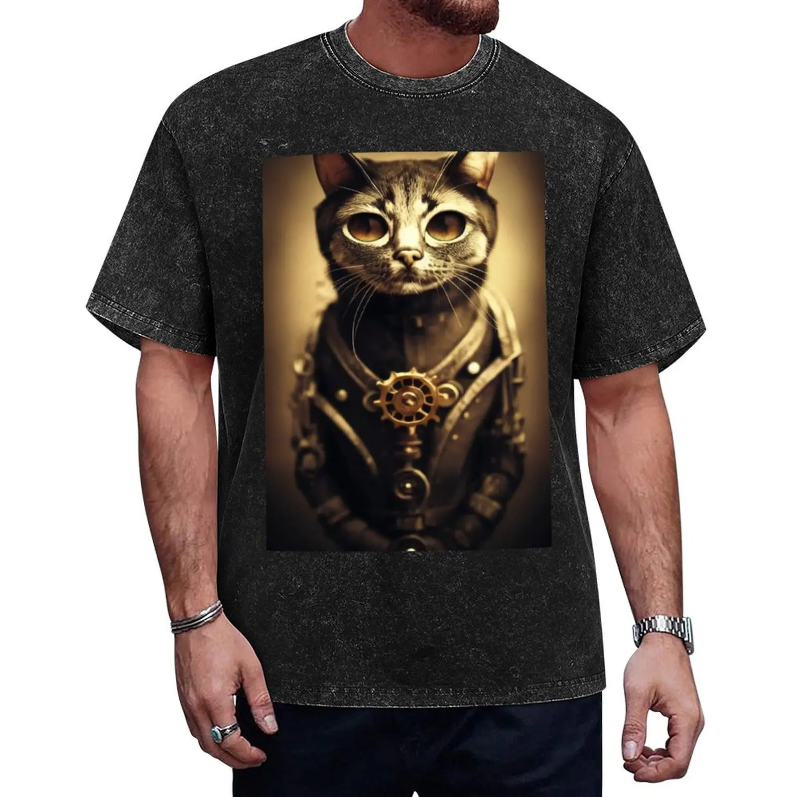 

steampunk cat T-Shirt street wear anime shirt black t-shirts for men