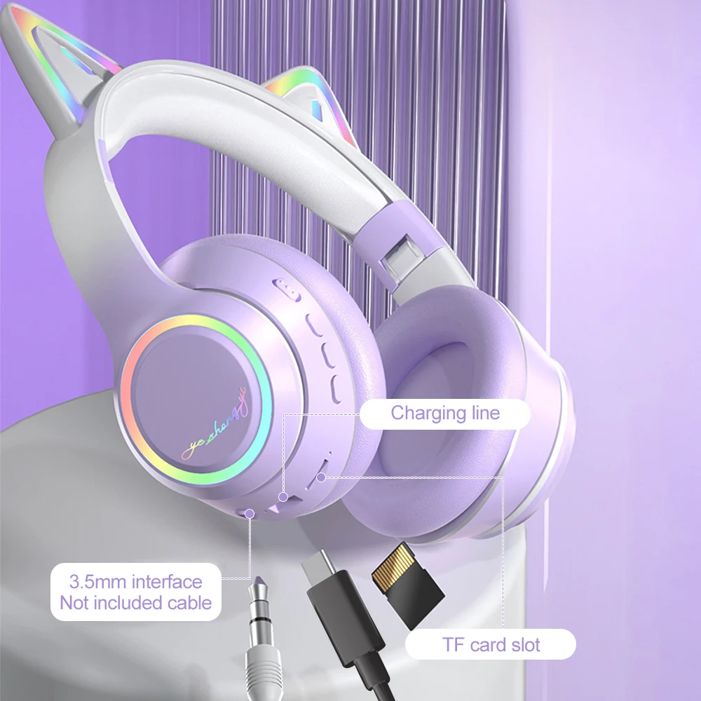 หูฟังไร้สายไล่โทนสี RGB หูแมวหูฟังบลูทูธพร้อมไมโครโฟนสเตอริโอเพลงเกมหูฟังสําหรับเด็กผู้หญิงของขวัญ