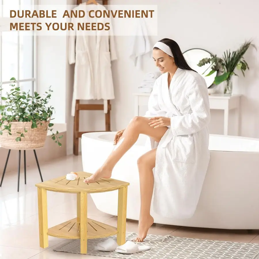 Bamboo Shower Stool Bench Corner Design with Storage Shelf Waterproof Shower Table for Spa Bath Seat in Bathroom or Inside Showe