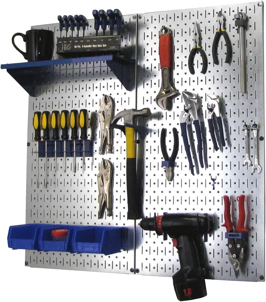 Wall Control Metal Pegboard Organizer Utility Tool Storage &Garage Pegboard Organizer Kit w/Metallic Pegboard & Blue Accessories