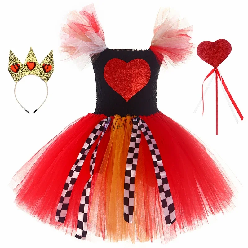 Alice Queen of Hearts Cosplay para crianças, Red Queen in Wonderlands, Birthday Party Dress, bebês meninas, coroa, Halloween