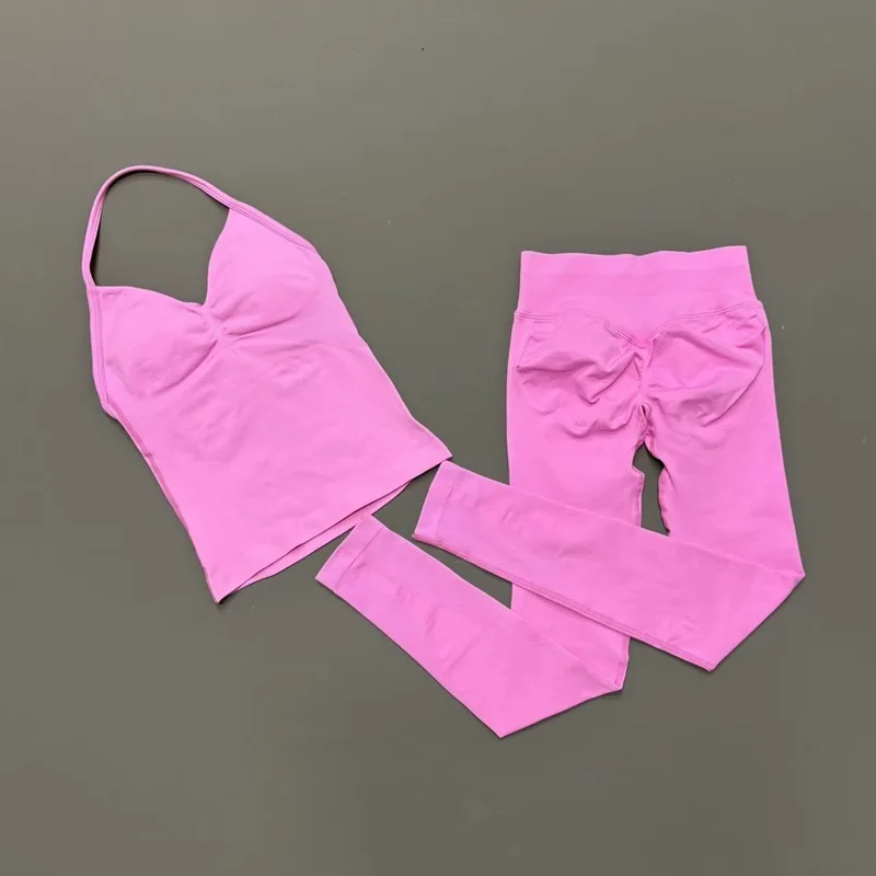 

2 Piece Gym Outfit Women Halter Sports Top High Waist Tummy Control Scrunch Butt Leggings Seamless Yoga Training Sportswear