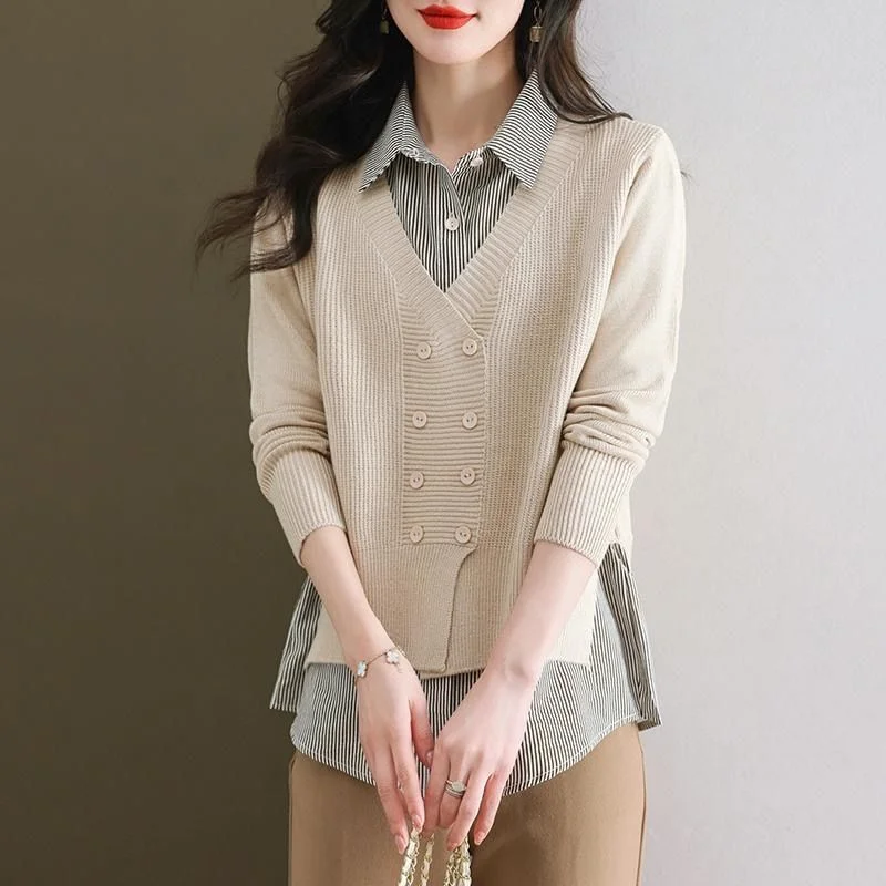 Fake Two Piece Women's Clothing Spring Autumn New Style Knitted Sweater Paneled Casual Fashion Versatile Stylish Slimming Top