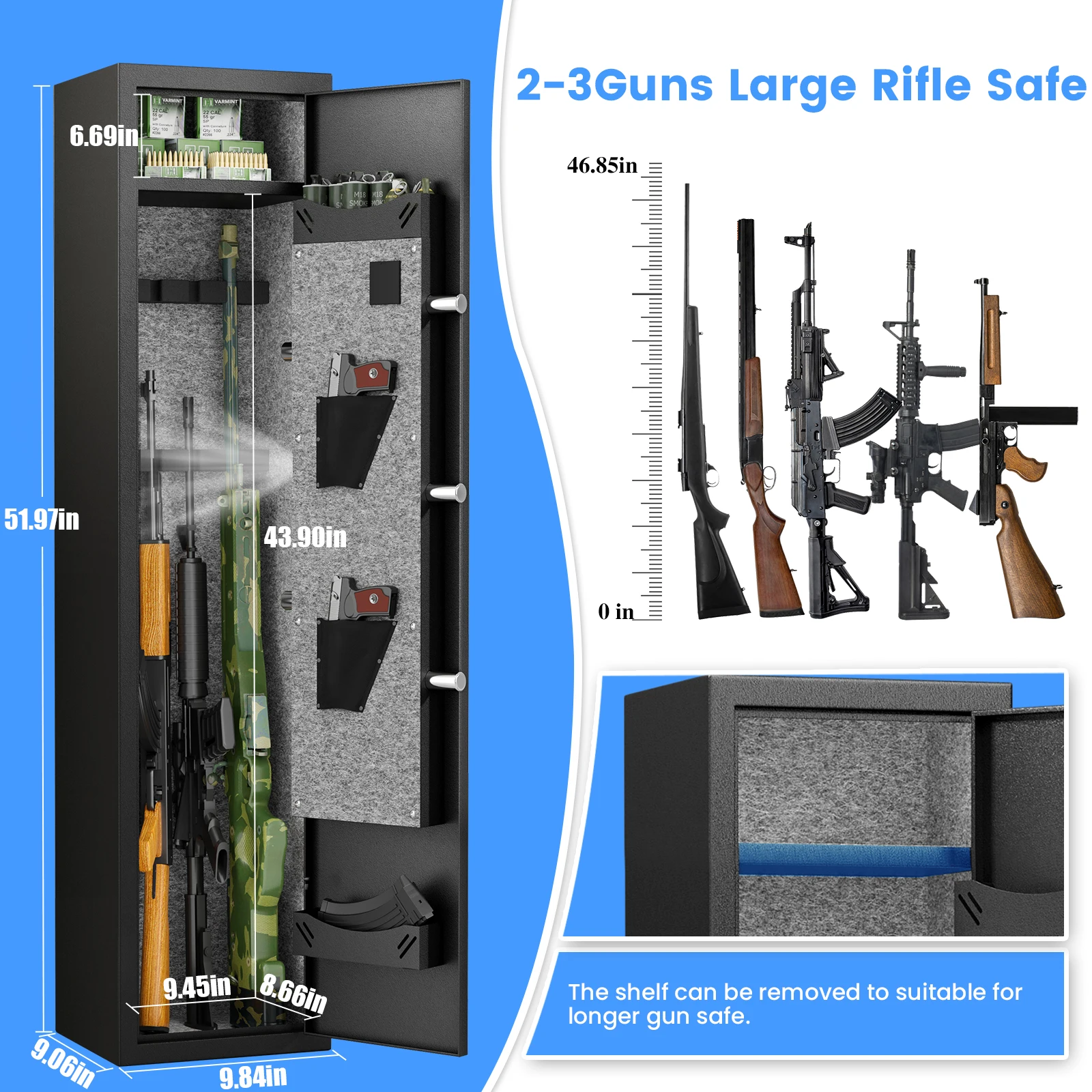 2-3 Kavey Fingerprint Gun Safes for Home Rifles and Pistols, Quick Access Rifle Safe with Removable Shelf and Dual Alarm