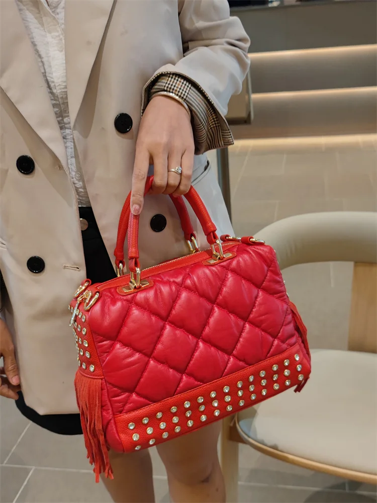 Soft Red Leather Women's Handbags Female Luxury Fashion Tassels Diamonds Rivet Bag Single Shoulder Crossbody Bags 2024 New