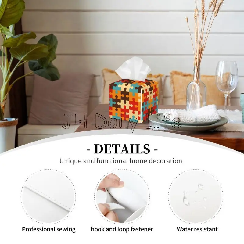 Autism Awareness Colorful Puzzle Piece Tissue Box Cover Square Tissue Box Holder Leather Napkin Holder for Home Bedroom Bathroom