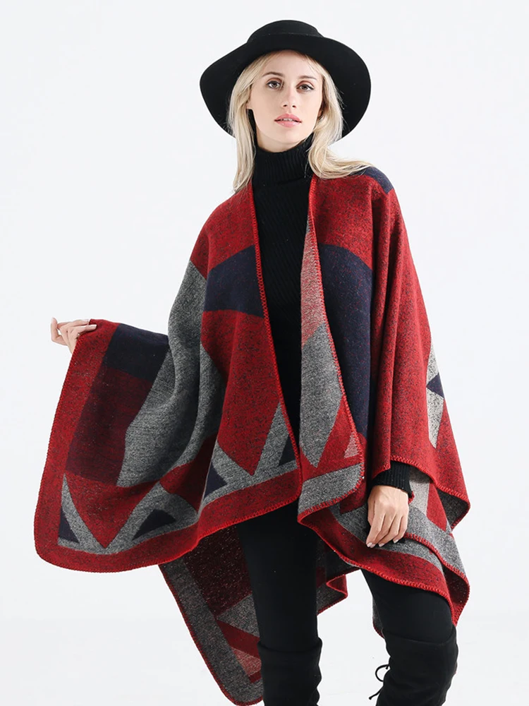 Imitation Cashmere Women Vintage Geometric Poncho Scarf Winter Warm Shawl Wrap Comfortable Female knitted Soft Thick Blanket