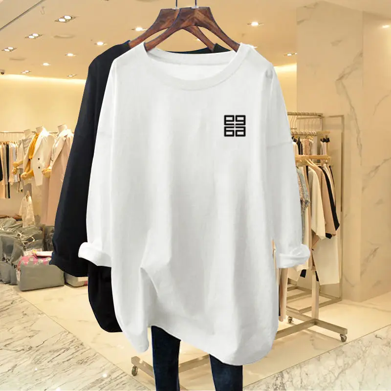 Women\'s Clothing Solid Pure Cotton Loose Long Sleeve Tshirt Autumn Casual Fashion All-match Oversized Tees Chic O-neck Basic Top