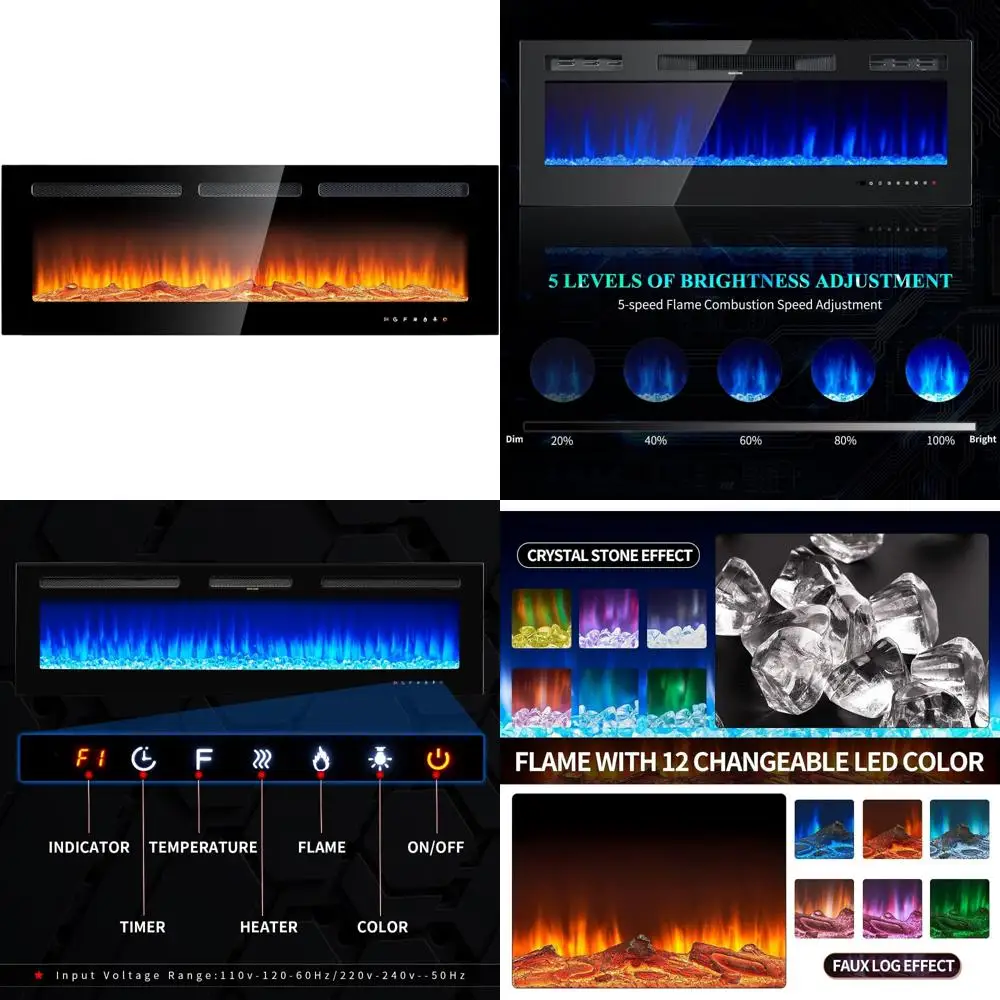 

50-дюймовый встраиваемый или настенный электрический камин с дистанционным управлением, таймером и 12 вариантами цвета