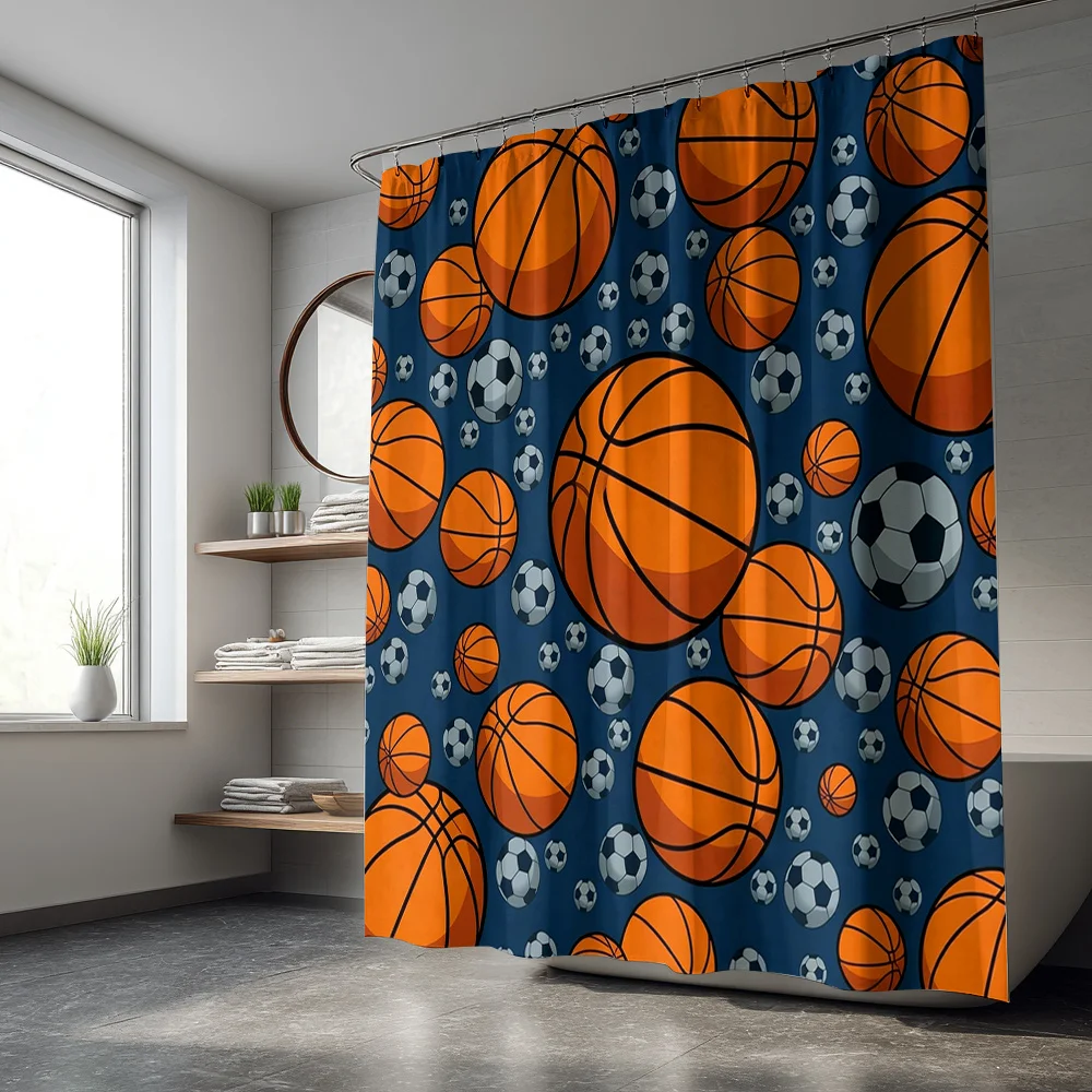 Waterproof Sports Shower Curtain Basketball and Soccer Football Theme Pattern Trendy Bathroom Decoration for Gym Lover Shower Cu