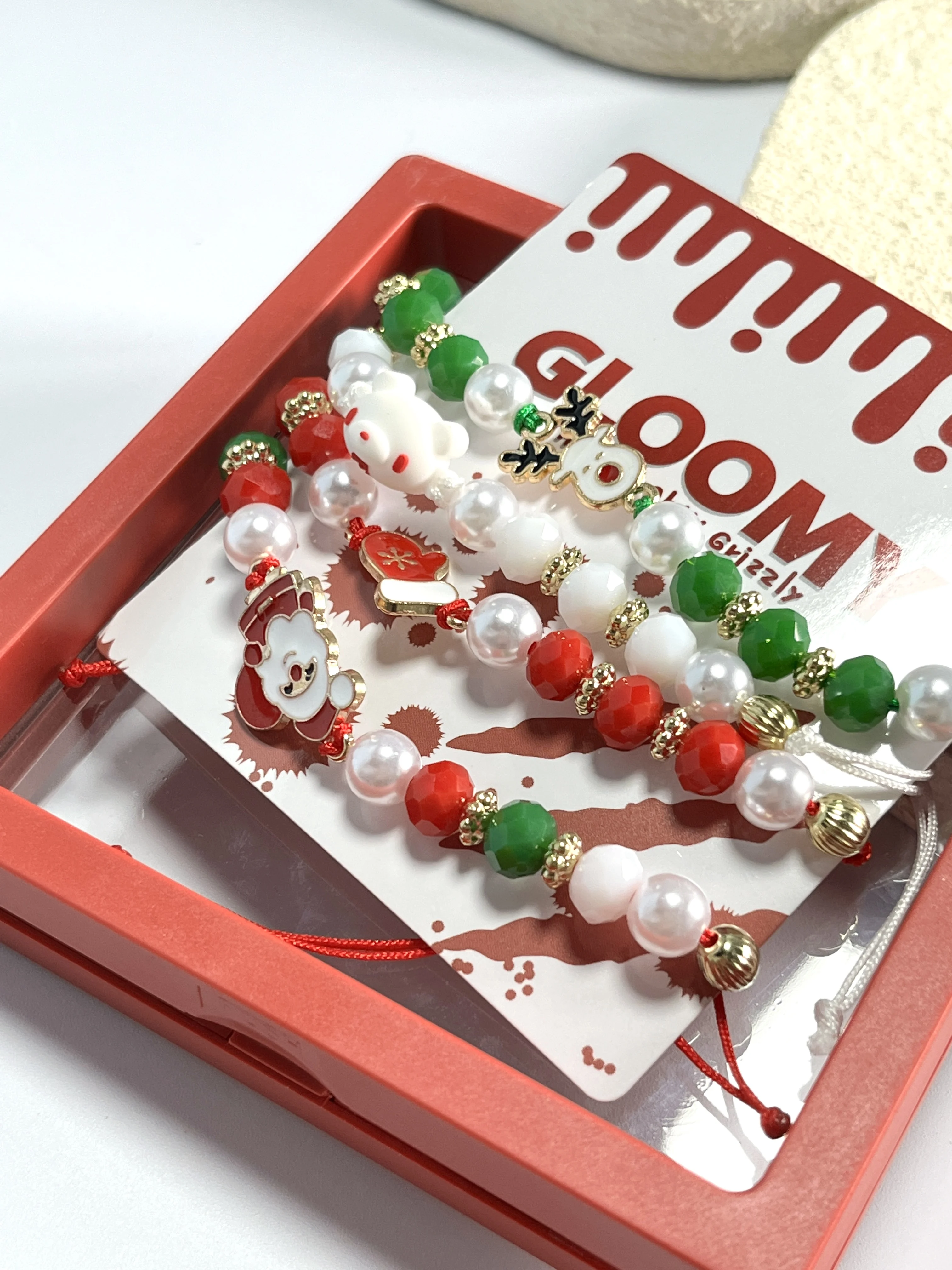 سوار مطرز لعطلة عيد الميلاد، سوار لون الحلوى باللون الأحمر والأبيض والأخضر مع سحر سانتا، صندوق هدايا جاهز #5