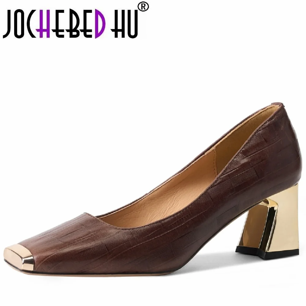 【JOCHEBED HU】New High Quality Genuine Leather Shoes Women Pumps High Heels Spring Summer Ladies Party Shoes 34-40