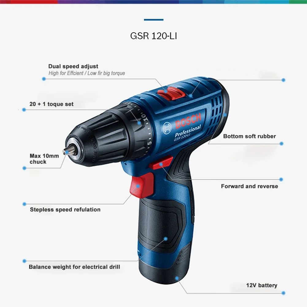 Bosch GSR120-LI 12V Cordless Drill Driver Household DIY Multi-function Rechargeable Electric Hand Drill Screwdriver Power Tools