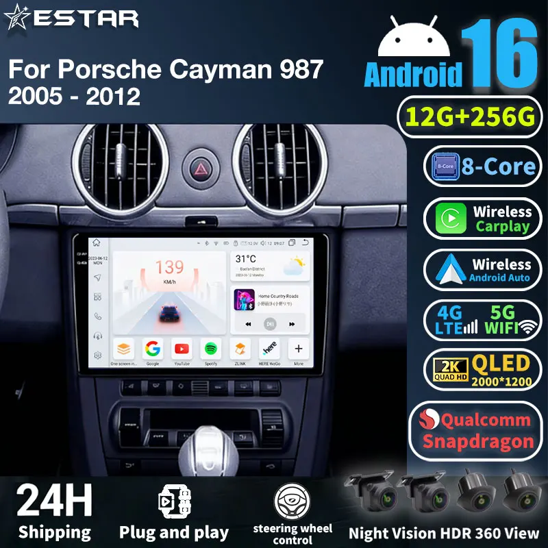 Android 16 Car Radio For Porsche Cayman 987 2005 - 2012 GPS Multimedia Player Navi Wireless Carplay Head Unit 360 Camera BT QLED