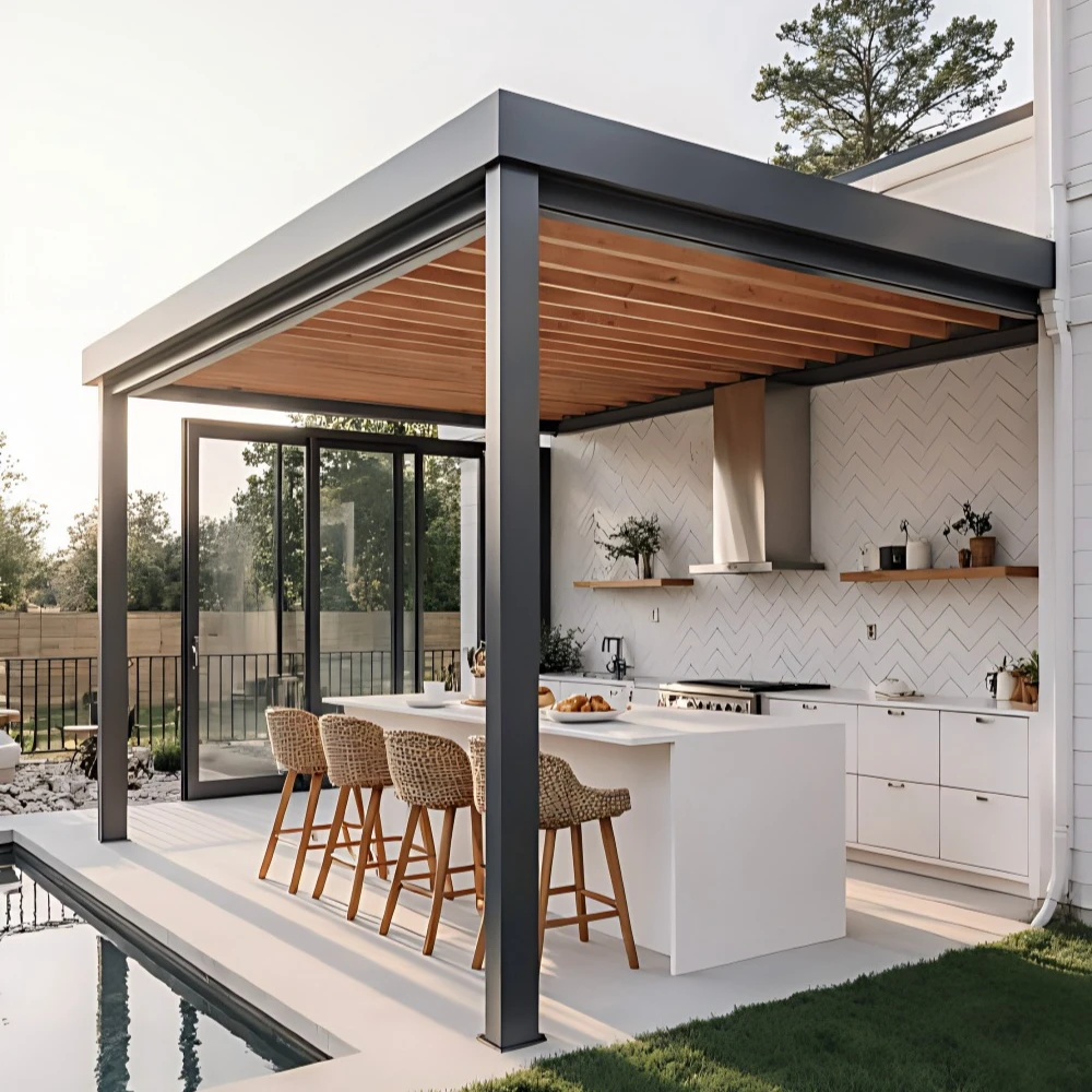 Modern Bioclimatique Pergola Aluminium System Louvered 6X3M Markise Rain Proof Motorized Retractable Roof for Outdoor Kitchen