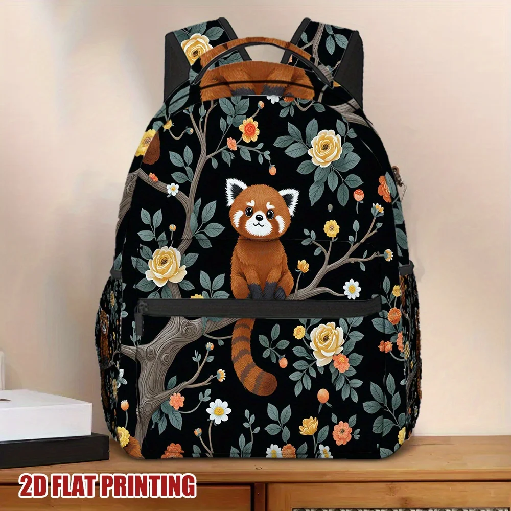 1pc Red Panda Floral Backpack Stylish Spacious Lightweight Daypack with 2D Flat Printing Durable Fabric Zipper Closure for Work