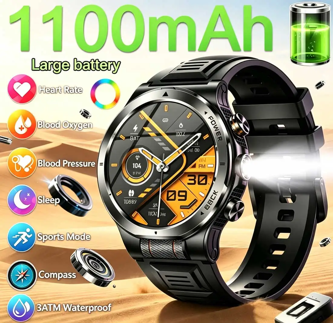 2026New 100+ Sports Modes SmartWatch Men 3ATM Waterproof 1100mAh Large Battery Compass 24/7 Health Monitoring Smart Watch Men