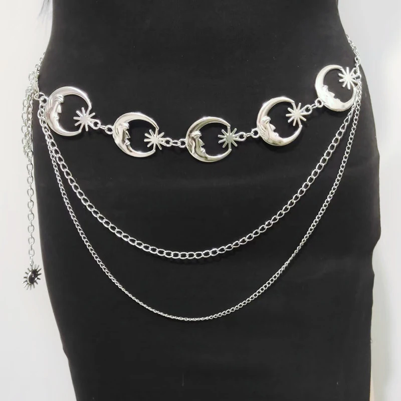 Multilayer Punk Gothic Sun Cintura Cadeia para Mulheres, Cintos de Metal para Vestido, Jóias