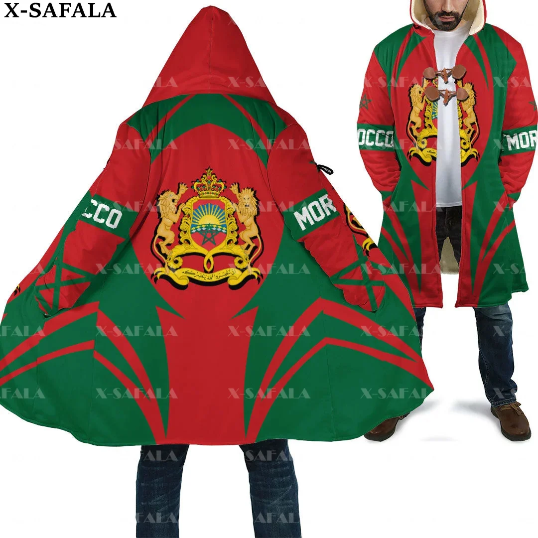 Thick Warm Hooded Cloak for Men Morocco Emblem Country Flag Overcoat Coat 3D Print Windproof Fleece Cape Robe Hooded Blanket-2