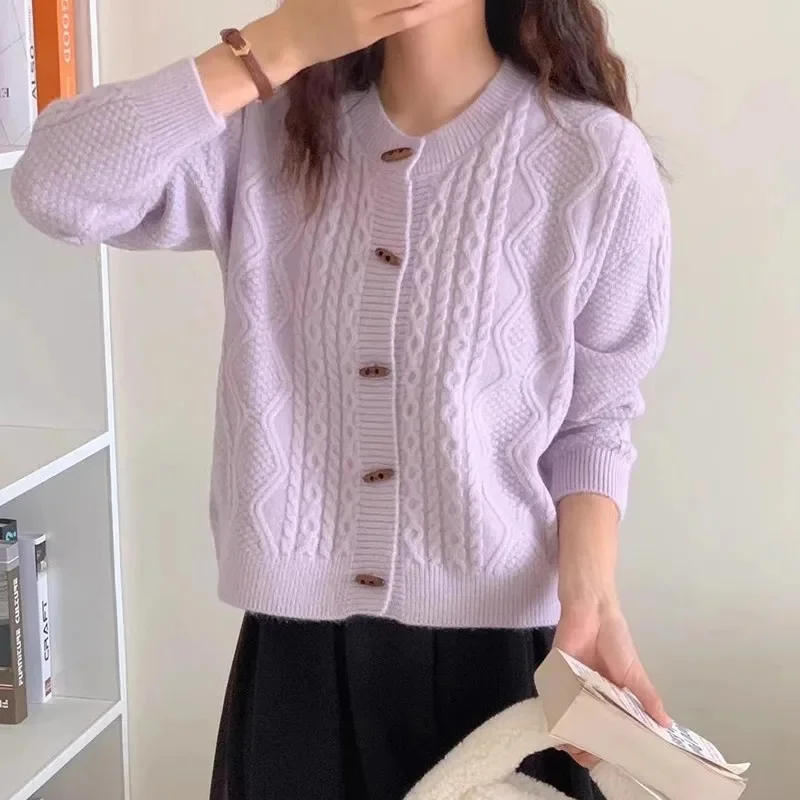 الخريف والشتاء جديد جولة الرقبة جوفاء خارج 100 الصوف سترة مشغولة من الصوف المرأة تنوعا معطف فضفاض سترة غير رسمية