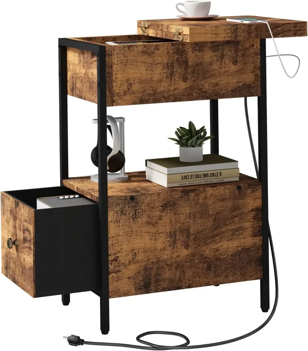 

End Table with Charging Station, Narrow Side Table with Flip Top Cabinet and Fabric Drawer, Nightstand Bedside Tables