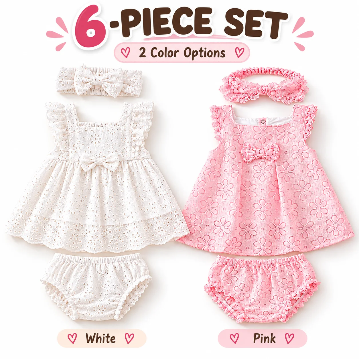 6Pcs Baby Girl Clothes Set Floral Lace Dresses with Matching Bloomers and Bow Headbands White Pink Outfits for Baby Girls