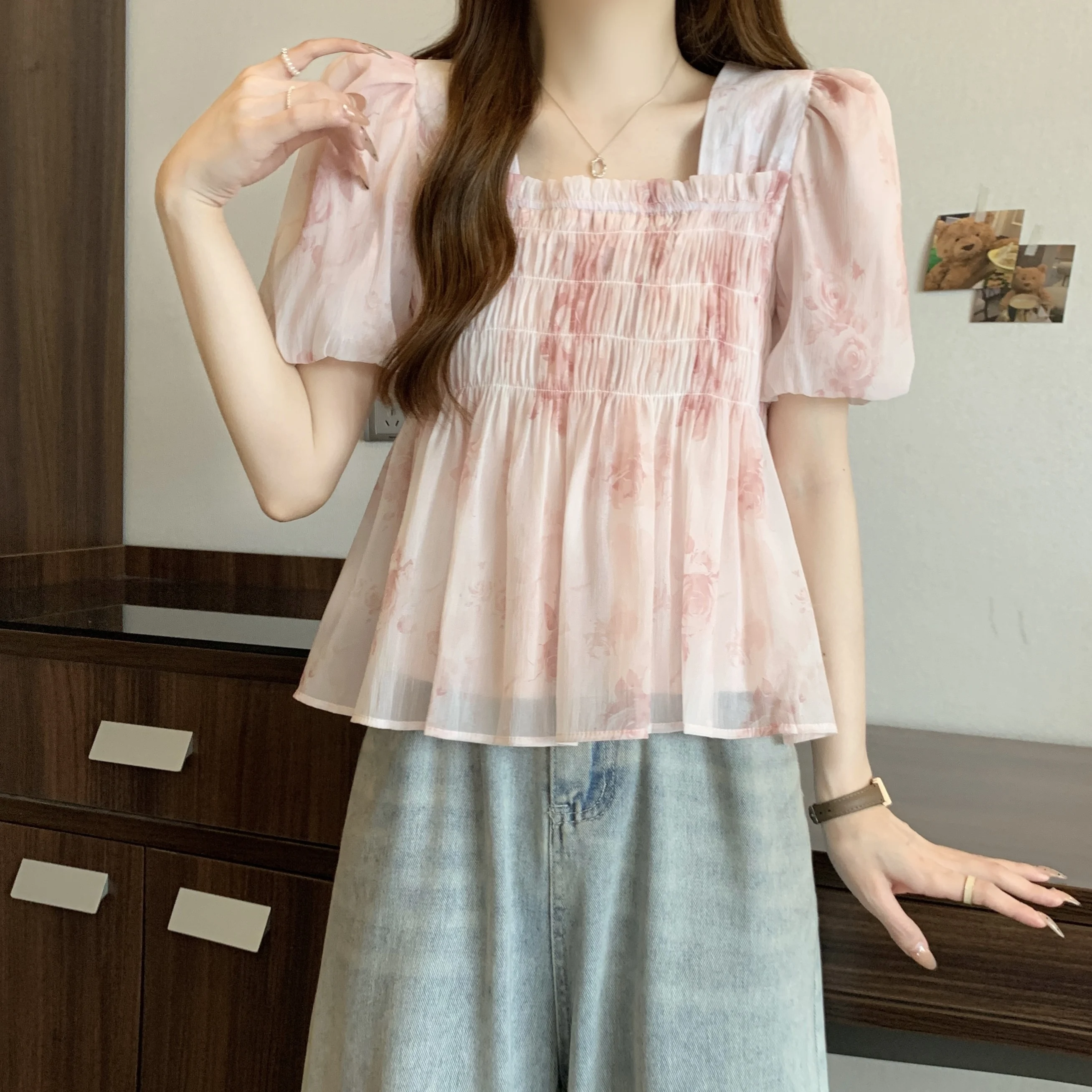 

plus Size Women's Faionable Young-looking irt Soft Bubble Chiffon Floral Top Korean Sle Loose Fit ort Sve Commute ...